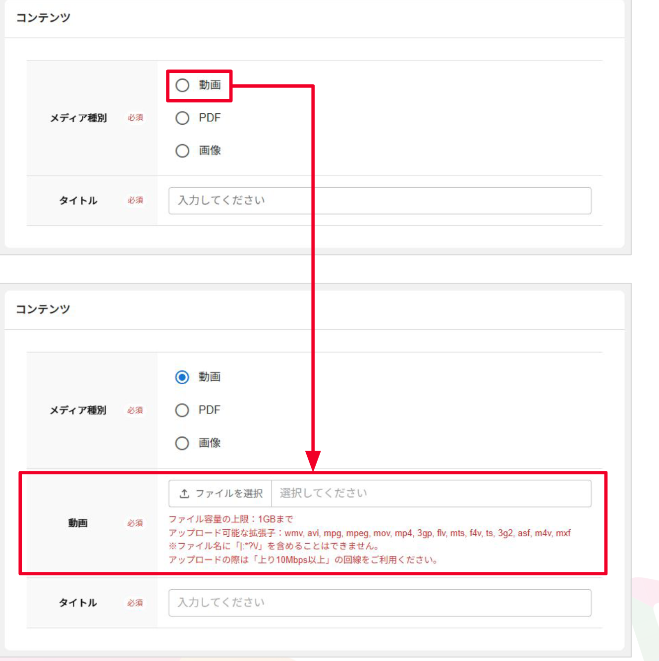 フォームページでの表示例。メディア種別で「動画」を選ぶと動画の入力欄が表示される