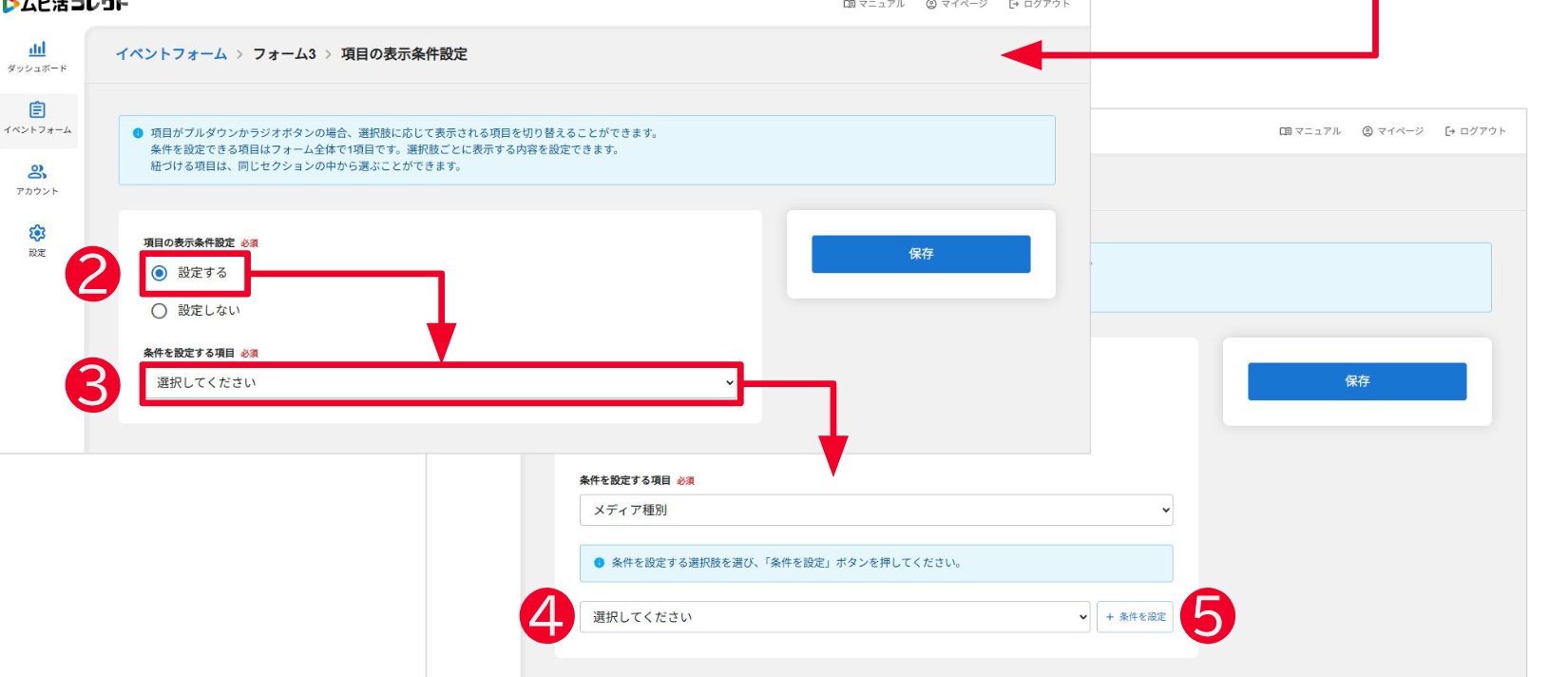 項目の表示条件設定画面。設定する/設定しないの選択、条件を設定する項目と選択肢の指定